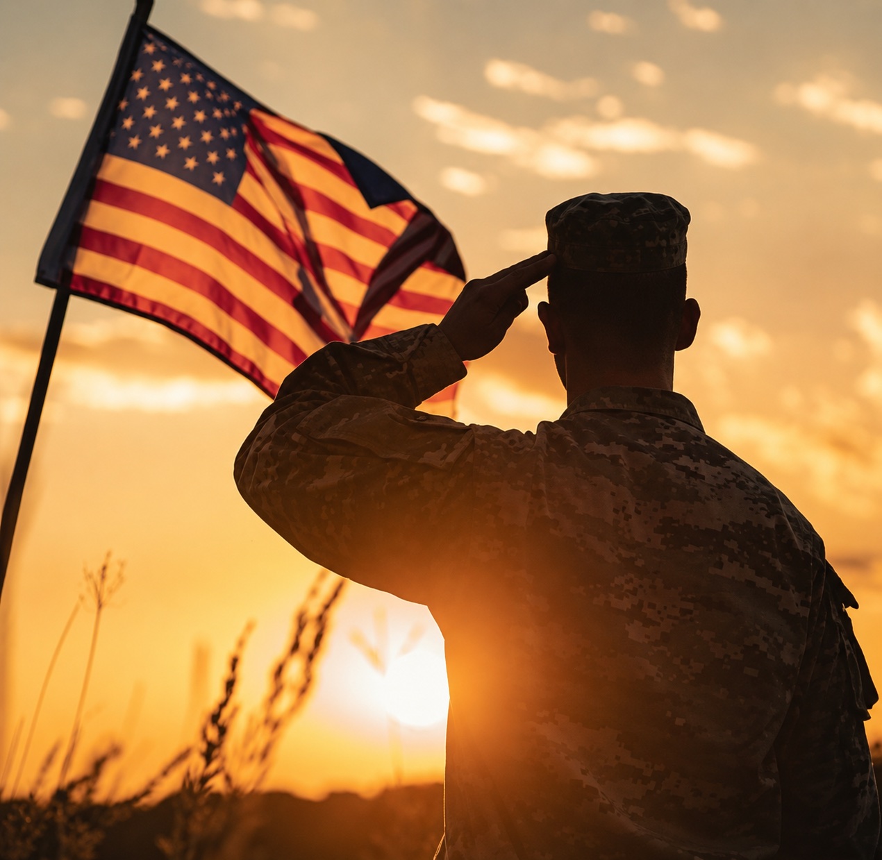 A soldier saluting the American flag at sunset — Countryside Estates honors those who served